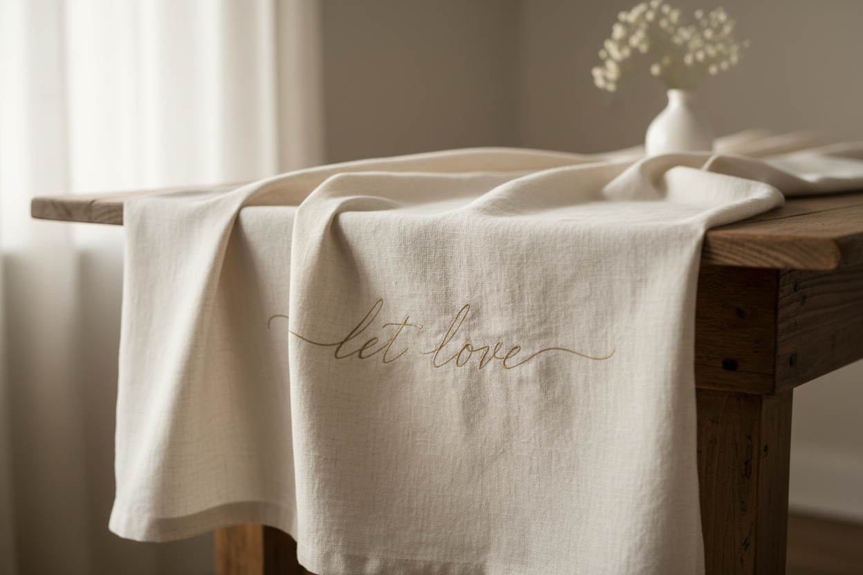 table cloth with small embroidered message "let love"